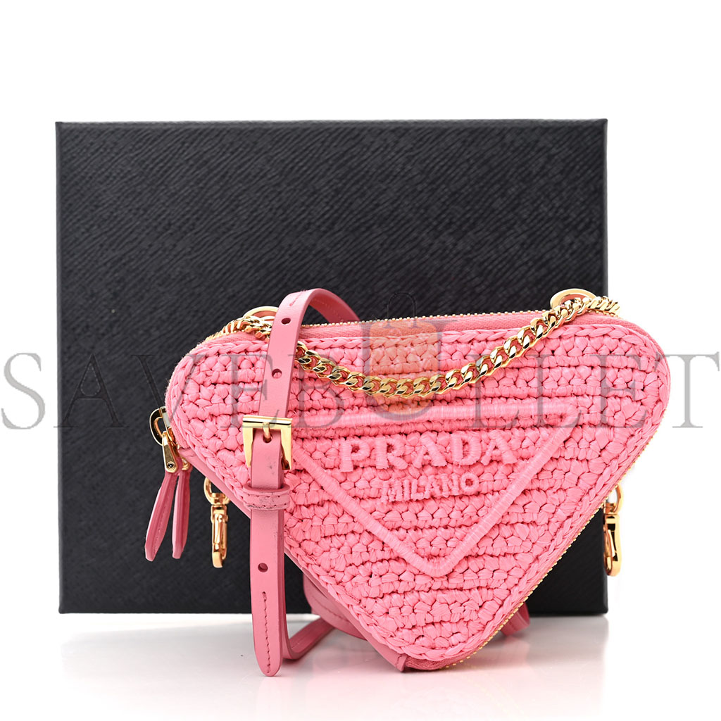 PRADA RAFFIA EFFECT YARN CROCHET MINI TRIANGLE POUCH PETAL PINK (15*10*5cm)