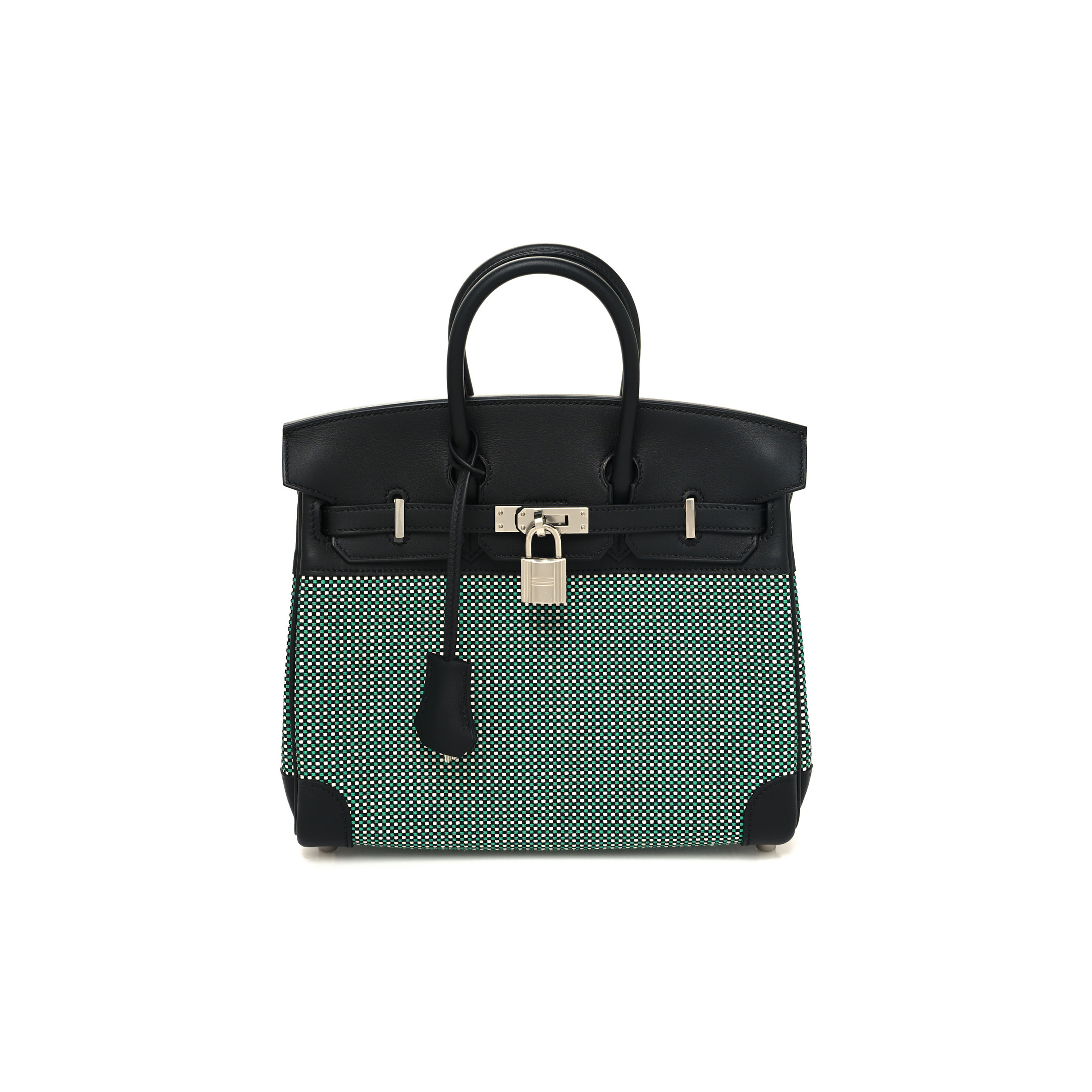 HERMES MASTER BIRKIN 25 BLACK TOILE QUADRILLE MENTHE BAG 003785348 (25*18*13cm)