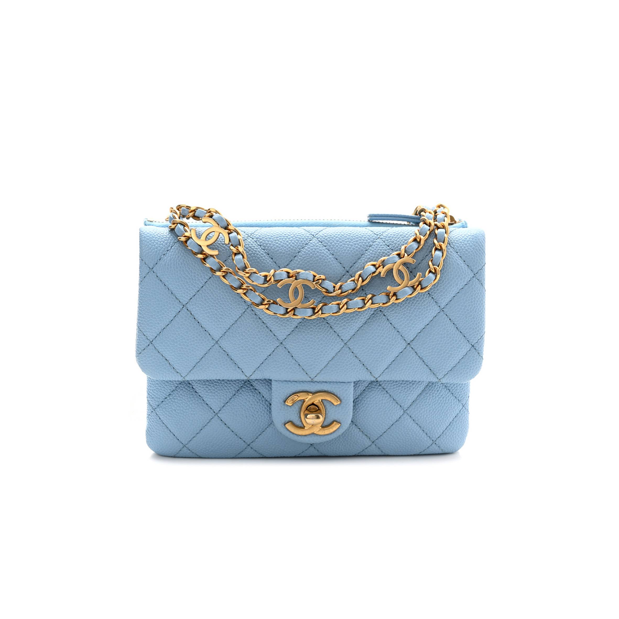 CHANEL SHINY CAVIAR PICK ME UP FLAP BELT BAG LIGHT BLUE GOLD HARDWARE (17*13*3cm)