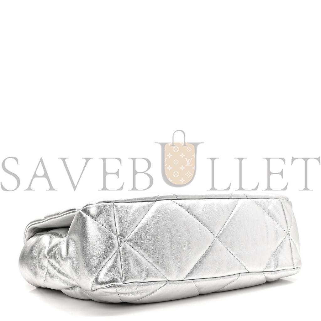 CHANEL METALLIC GOATSKIN QUILTED LARGE CHANEL 19 FLAP SILVER GOLD HARDWARE (30*21*9cm)