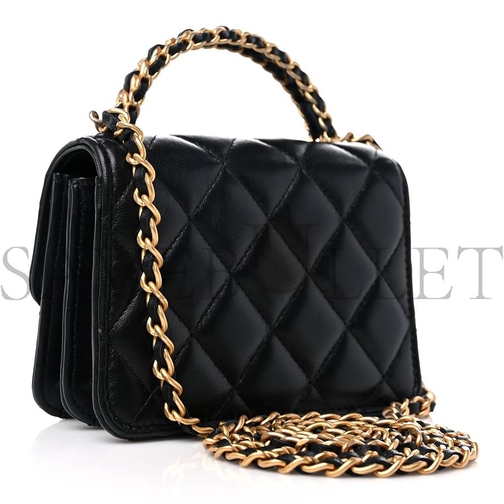 CHANEL LAMBSKIN QUILTED CHAIN TOP HANDLE CLUTCH WITH CHAIN BLACK GOLD HARDWARE (13*10*6cm)