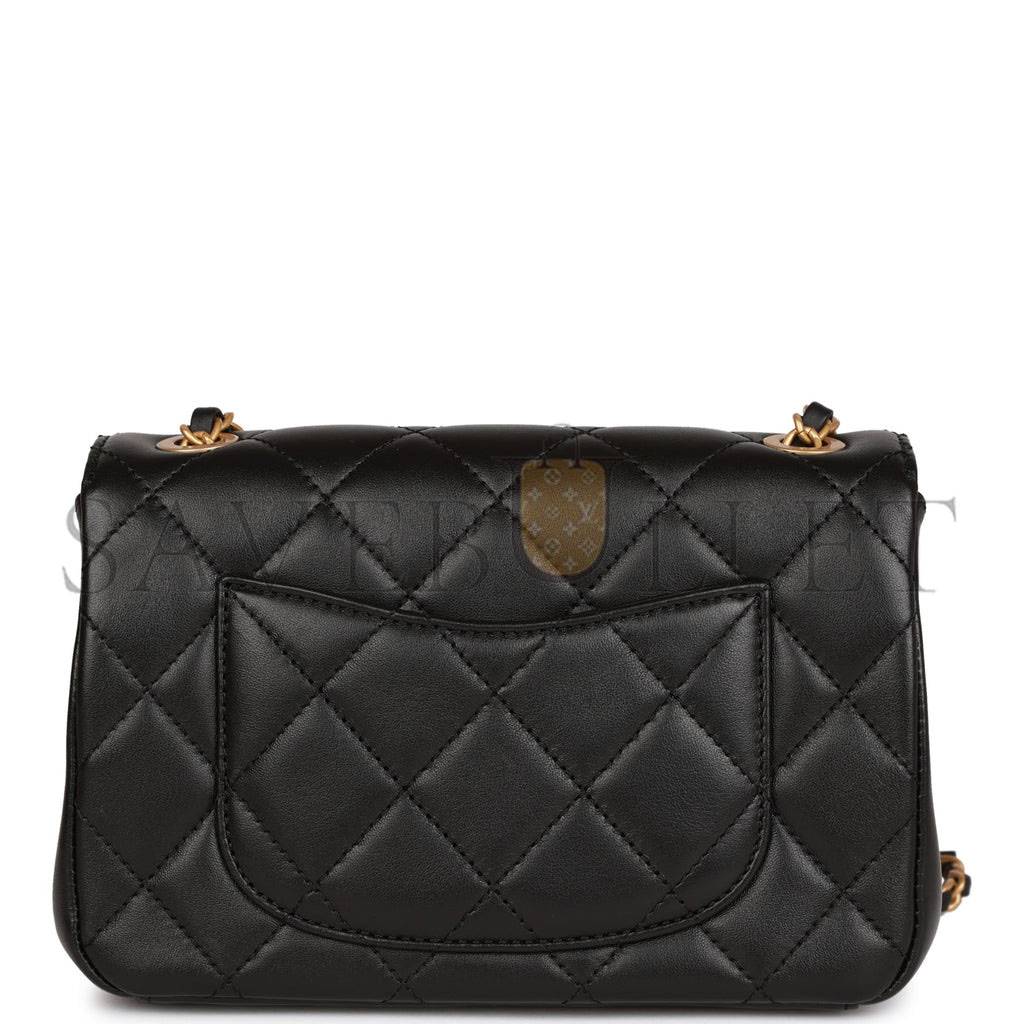 CHANEL MONACO MINI FLAP BAG BLACK LAMBSKIN ANTIQUE GOLD HARDWARE (19*13*8cm)