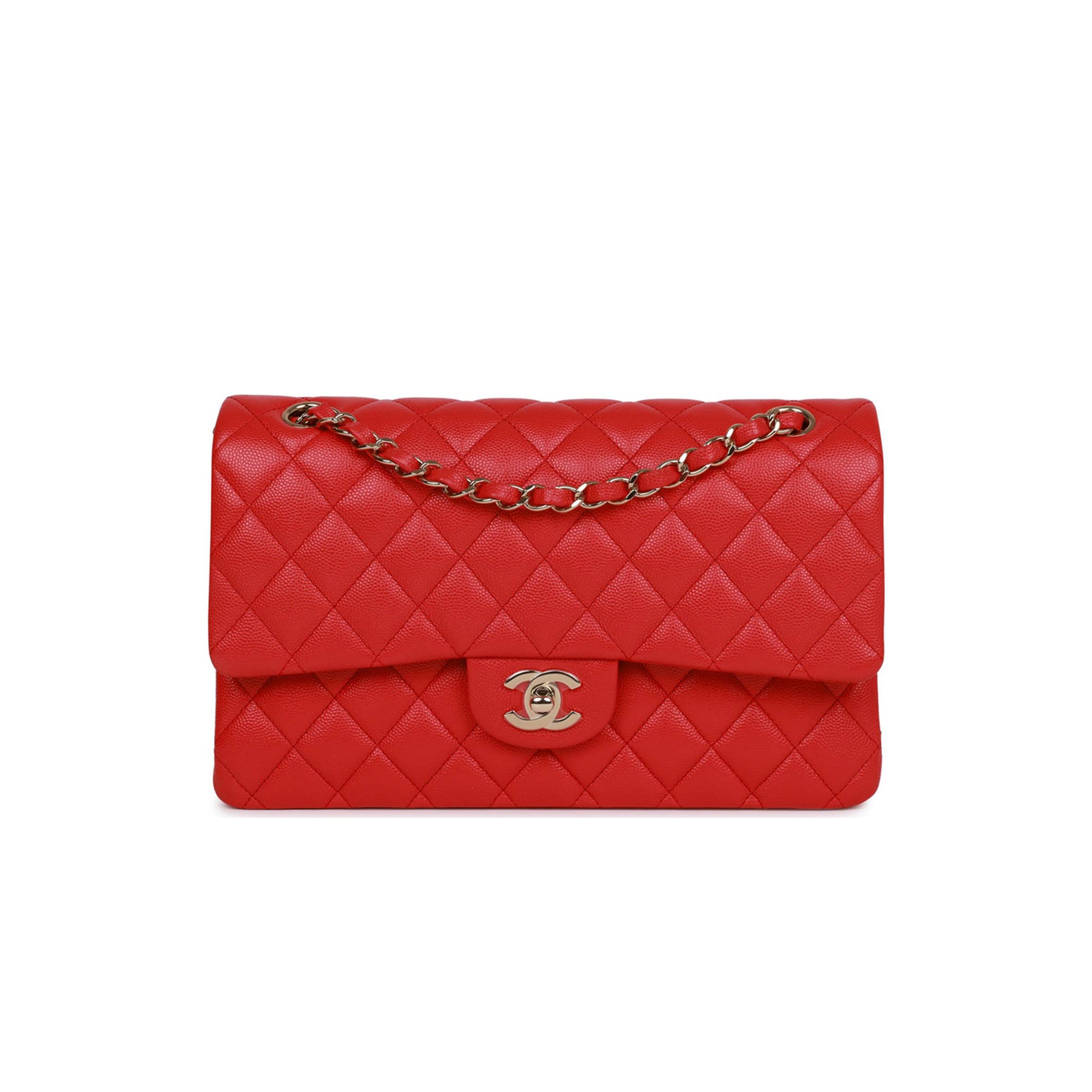 CHANEL MEDIUM CLASSIC DOUBLE FLAP BAG RED CAVIAR LIGHT GOLD HARDWARE (25.5*15.5*6.5cm)