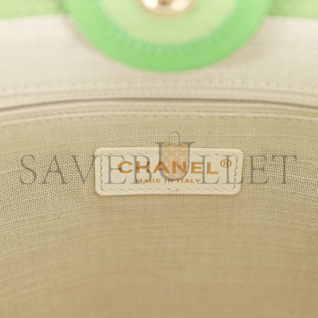 CHANEL SMALL DEAUVILLE SHOPPING BAG GREEN BOUCLE LIGHT GOLD HARDWARE (34*27*15cm)