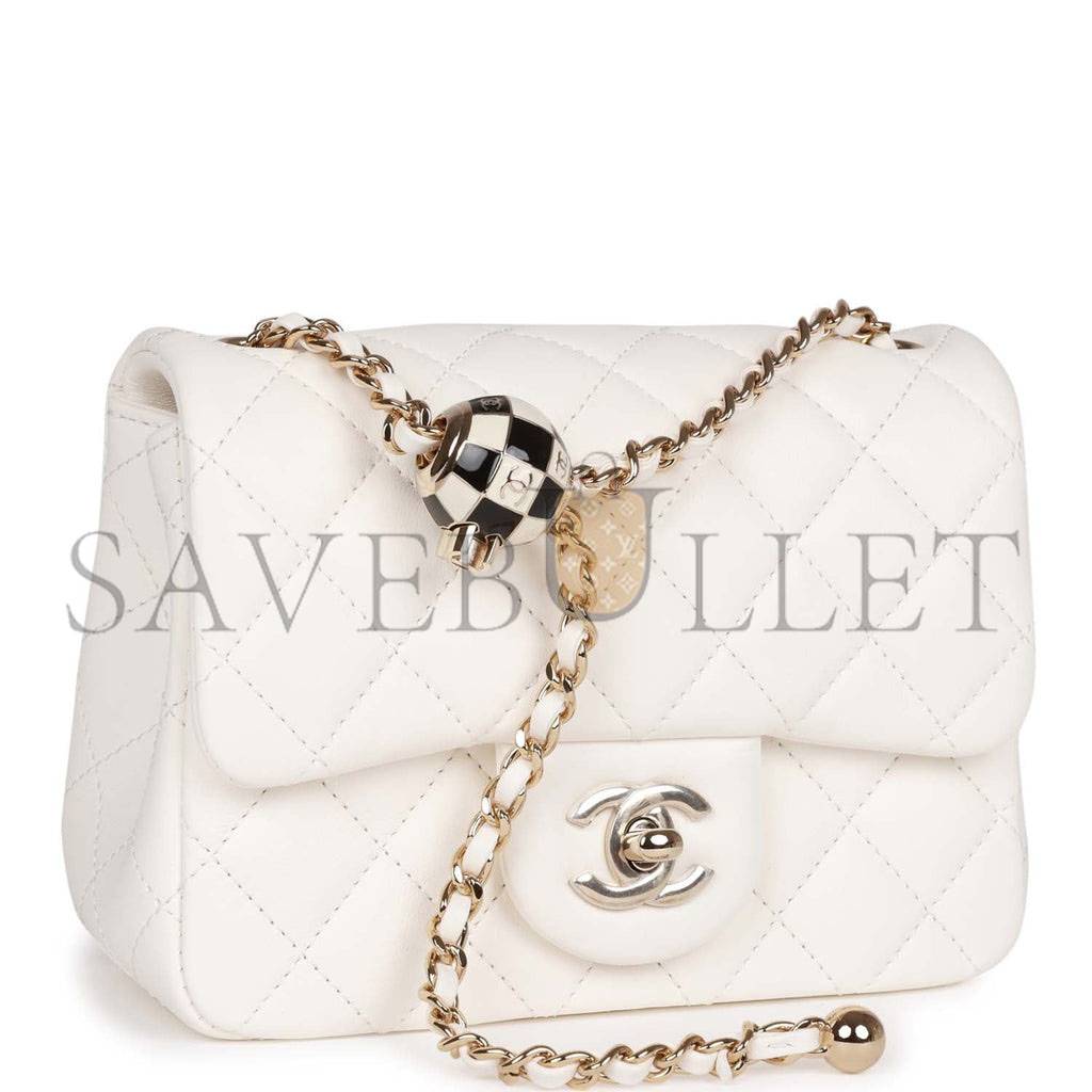 CHANEL PEARL CRUSH MINI SQUARE FLAP BAG WHITE LAMBSKIN LIGHT GOLD HARDWARE (17*14*8cm)