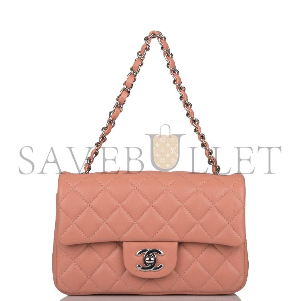 CHANEL MINI RECTANGULAR FLAP BAG ROSE LAMBSKIN SILVER HARDWARE (20*13*6cm)