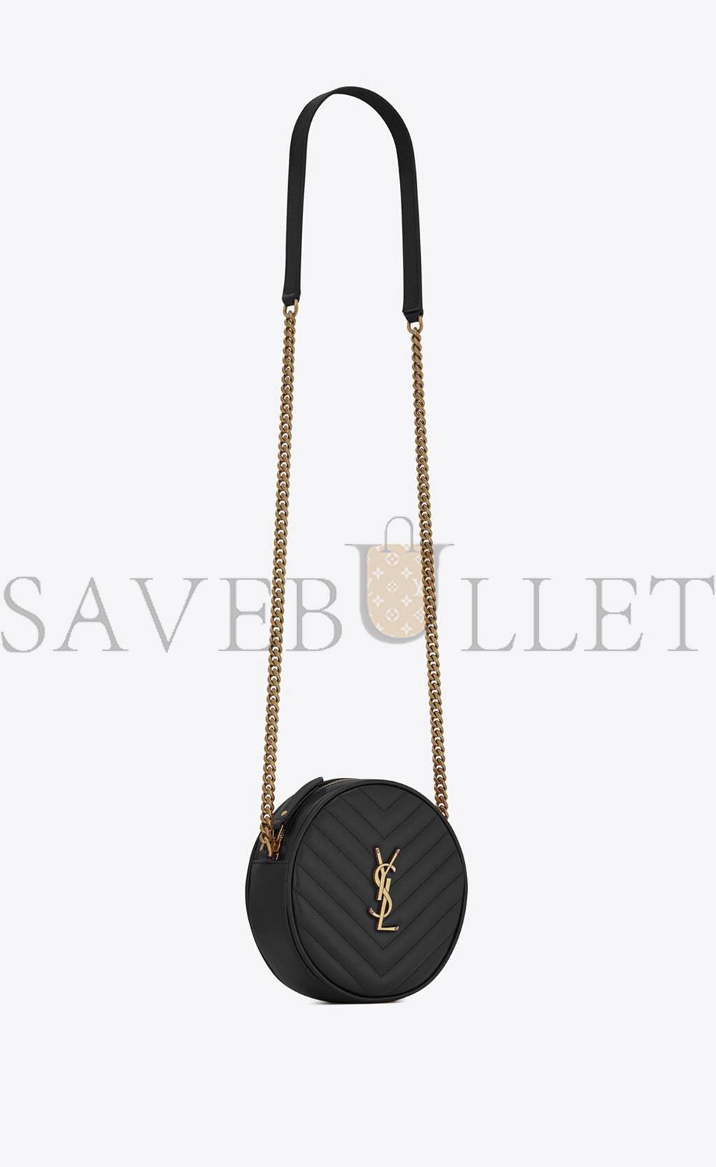 YSL VINYLE ROUND CAMERA BAG IN CHEVRON-QUILTED GRAIN DE POUDRE EMBOSSED LEATHER 6104361GF071000 (17*17*5.5cm)