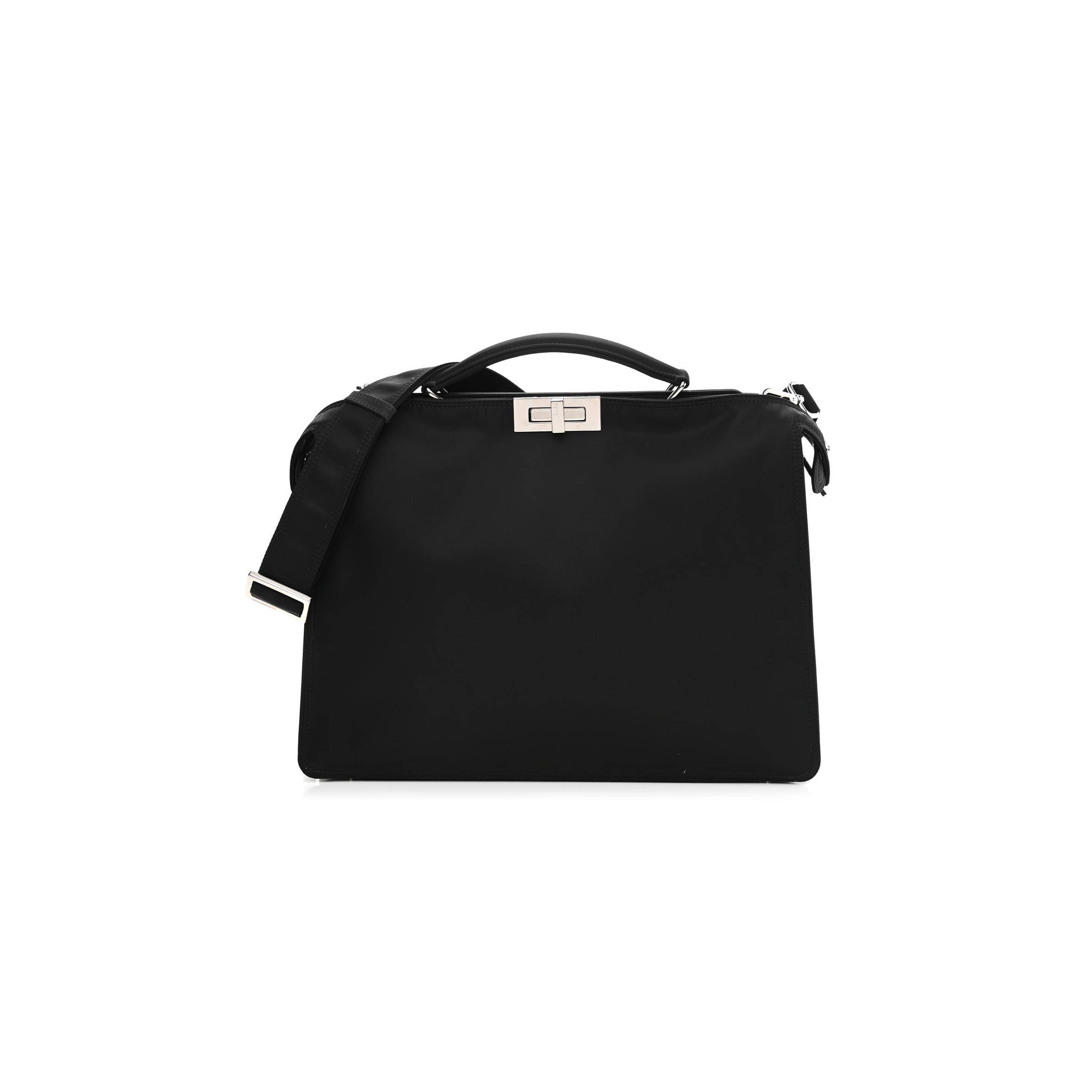 FENDI NYLON VITELLO COVER LOGO EMBOSSED MEDIUM PEEKABOO I SEE U SATCHEL BLACK WHITE (38*29*11cm)