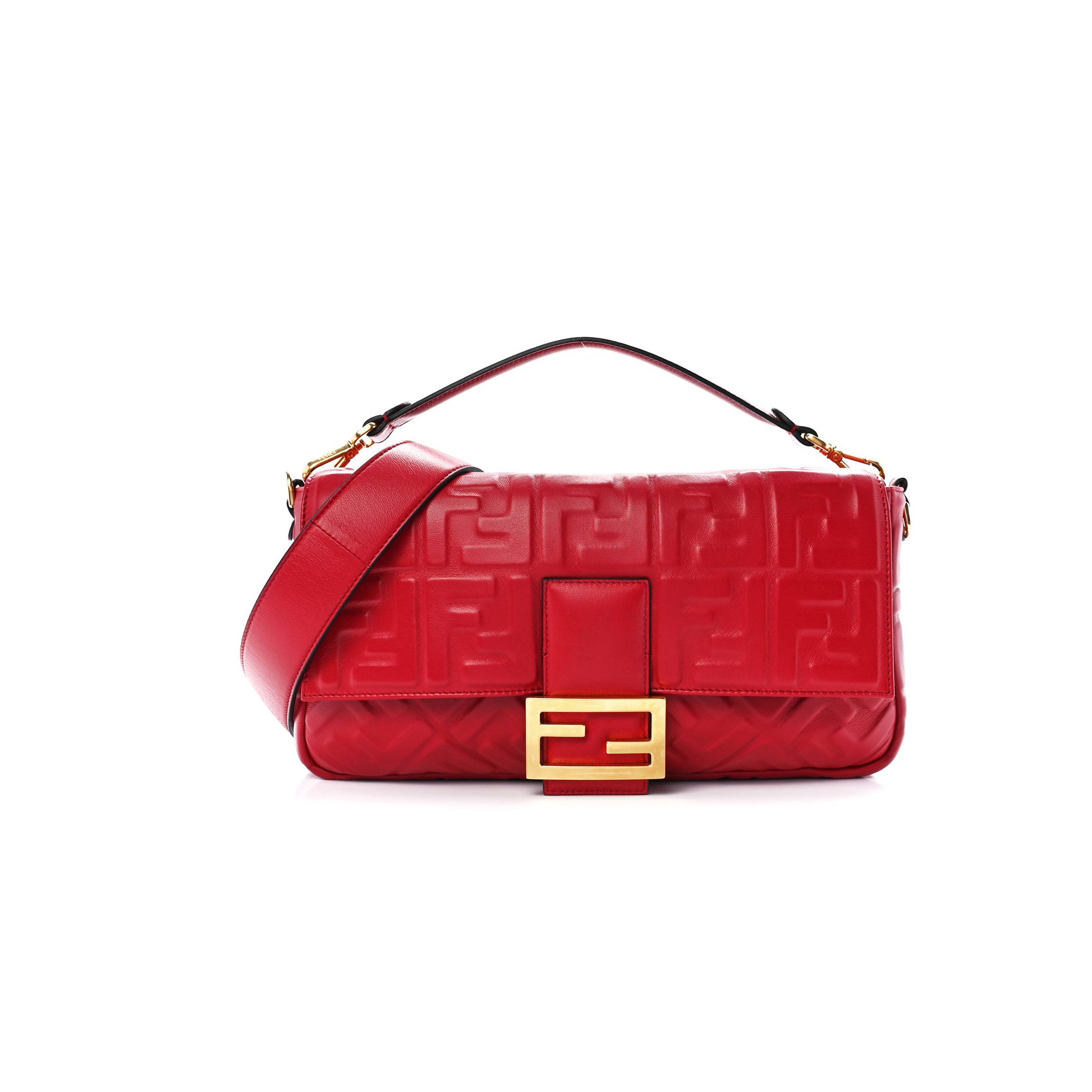 FENDI NAPPA FF 1974 EMBOSSED LARGE BAGUETTE FRAGOLA (32*16*5cm)