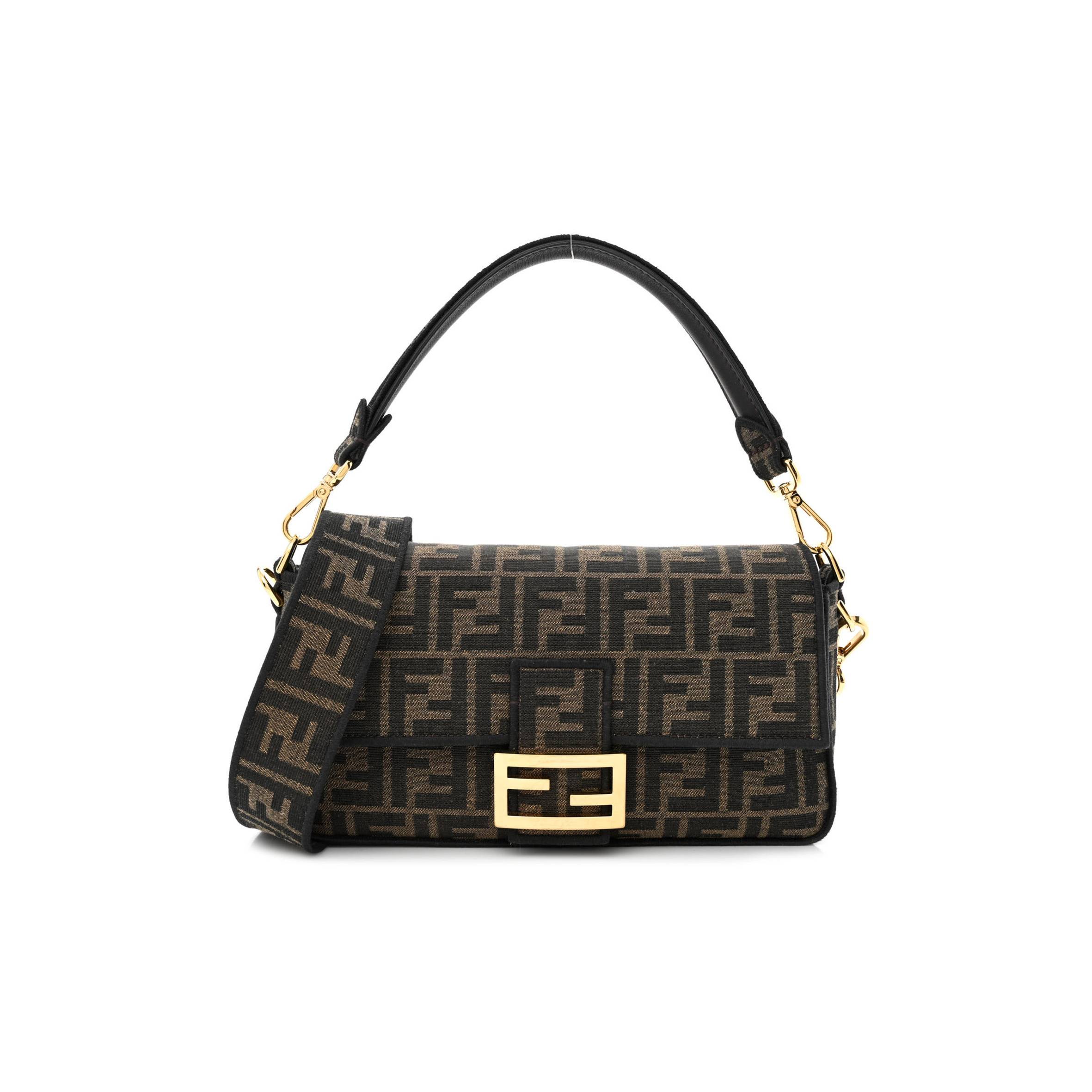 FENDI FABRIC JACQUARD FF 1974 MEDIUM BAGUETTE TOBACCO MORO BLACK (27*14*6cm) 